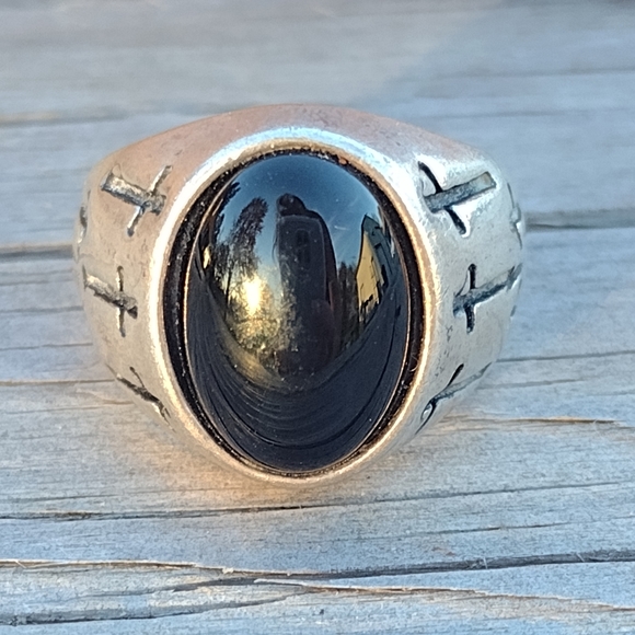 Sterling silver Jewelry - Vintage biker sterling silver ring with Black stone and crosses size 6 fine jewe